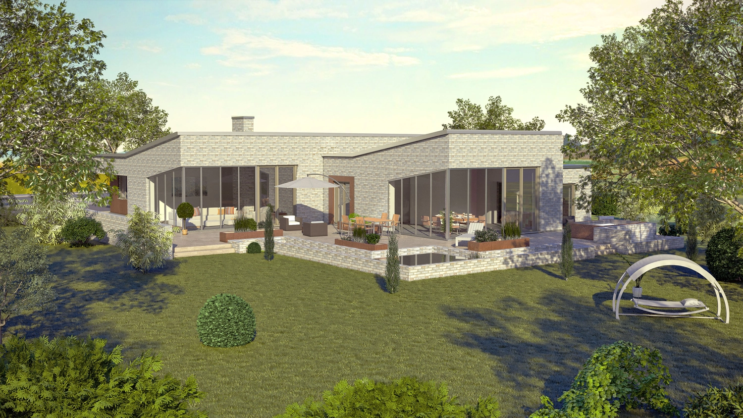 Slooyer GmbH – Gebäudeenergieberater – Dieses Bild zeigt einen modernen, einstöckigen Bungalow mit einer Backsteinfassade und großen, raumhohen Glasfenstern.